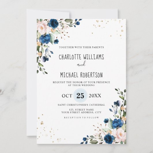 Waterverf Navy Blue Blush Roos Floral Wedding Kaart (Voorkant)