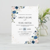 Waterverf Navy Blue Blush Roos Floral Wedding Kaart (Staand voorkant)