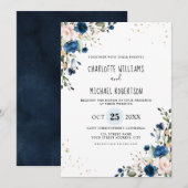 Waterverf Navy Blue Blush Roos Floral Wedding Kaart (Voorkant / Achterkant)