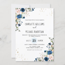 Waterverf Navy Blue Blush Roos Floral Wedding Kaart