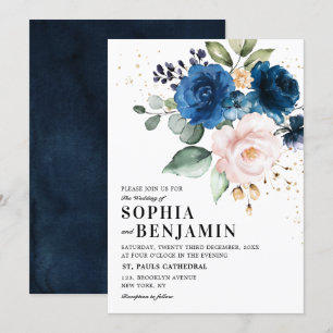 Waterverf Navy Blue Blush Roos Floral Wedding Kaart