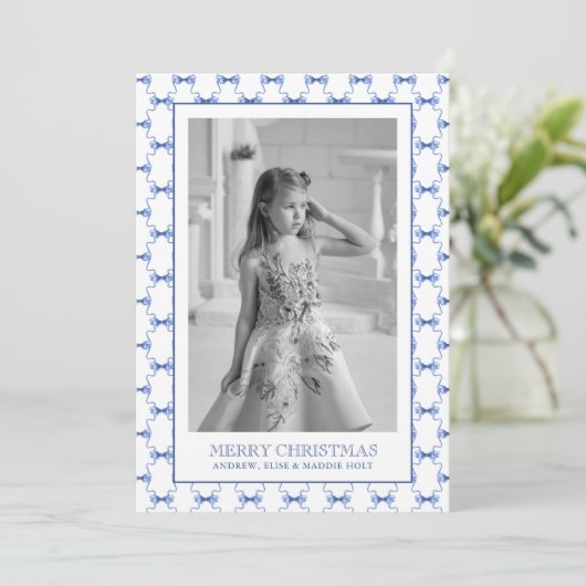 Waterverf Navy Blue Bows Kerstfoto Feestdagenkaart (Staand voorkant)