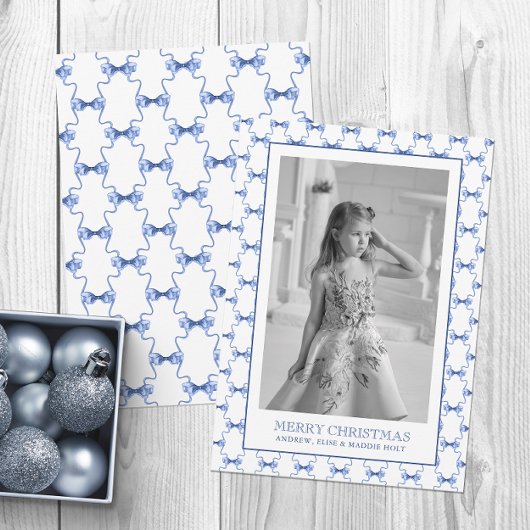 Waterverf Navy Blue Bows Kerstfoto Feestdagenkaart