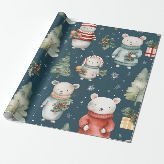  Waterverf Navy Blue Christmas Mouse Cadeaupapier (Uitgerold)