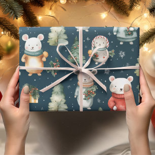  Waterverf Navy Blue Christmas Mouse Cadeaupapier