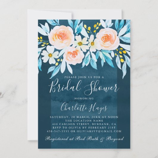 Waterverf Navy Blue Elegant Floral Vrijgezellenfee Kaart (Voorkant)