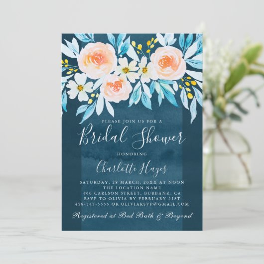 Waterverf Navy Blue Elegant Floral Vrijgezellenfee Kaart (Staand voorkant)