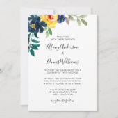 Waterverf Navy Blue en Yellow Floral Wedding  Kaart (Voorkant)