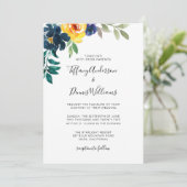 Waterverf Navy Blue en Yellow Floral Wedding  Kaart (Staand voorkant)