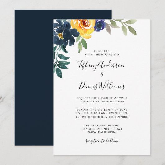 Waterverf Navy Blue en Yellow Floral Wedding  Kaart (Voorkant / Achterkant)