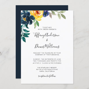 Waterverf Navy Blue en Yellow Floral Wedding  Kaart