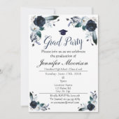 Waterverf Navy Blue Floral Afstuderen Invite Kaart (Voorkant)