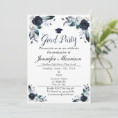 Waterverf Navy Blue Floral Afstuderen Invite Kaart (Staand voorkant)