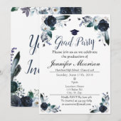 Waterverf Navy Blue Floral Afstuderen Invite Kaart (Voorkant / Achterkant)