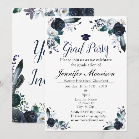 Waterverf Navy Blue Floral Afstuderen Invite Kaart (Voorkant / Achterkant)