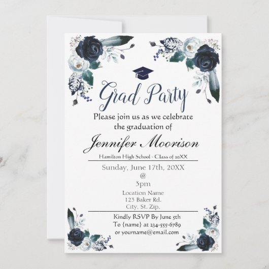 Waterverf Navy Blue Floral Afstuderen Invite Kaart (Voorkant)