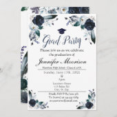 Waterverf Navy Blue Floral Afstuderen Invite Kaart (Voorkant / Achterkant)