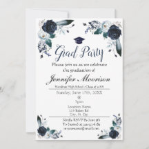 Waterverf Navy Blue Floral Afstuderen Invite