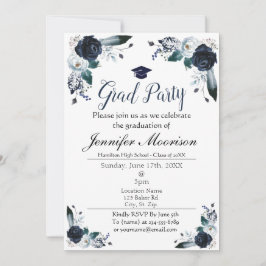 Waterverf Navy Blue Floral Afstuderen Invite Kaart