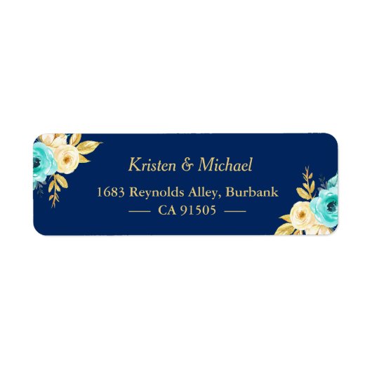 Waterverf Navy Blue Mint Gold Garden Floral Etiket (Voorkant)