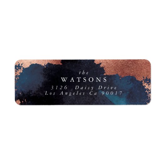 Waterverf Navy Blue Moody Roos Gold Wedding Etiket (Voorkant)