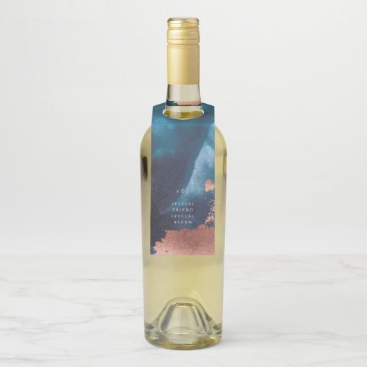 Waterverf Navy Blue Moody Roos Gold Wedding Flessenhanger (Op fles)