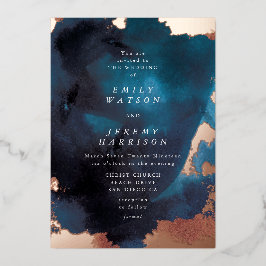 Waterverf Navy Blue Moody Roos Gold Wedding Folie Uitnodiging