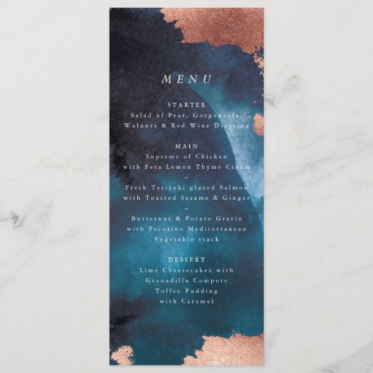 Waterverf Navy Blue Moody Roos Gold Wedding Menu (Voorkant)