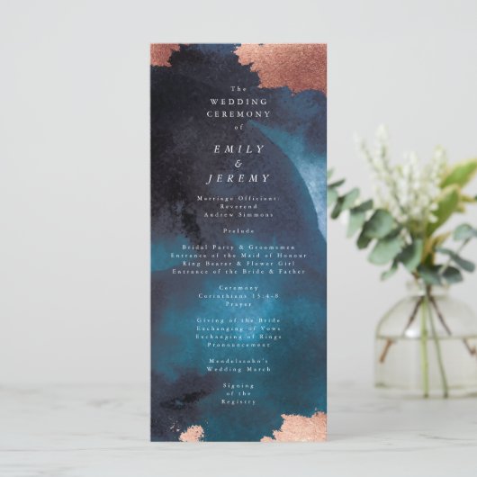 Waterverf Navy Blue Moody Roos Gold Wedding Programmakaart (Staand voorkant)