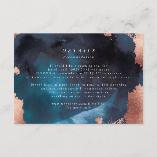 Waterverf Navy Blue Moody Roos Gold Wedding RSVP Kaartje (Voorkant)
