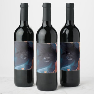 Waterverf Navy Blue Moody Roos Gold Wedding Wijn Etiket