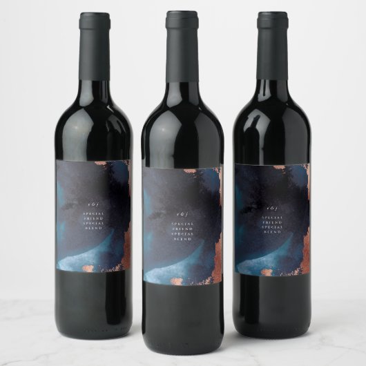 Waterverf Navy Blue Moody Roos Gold Wedding Wijn Etiket (Flessen)