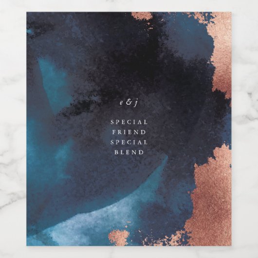 Waterverf Navy Blue Moody Roos Gold Wedding Wijn Etiket (Enkel label)