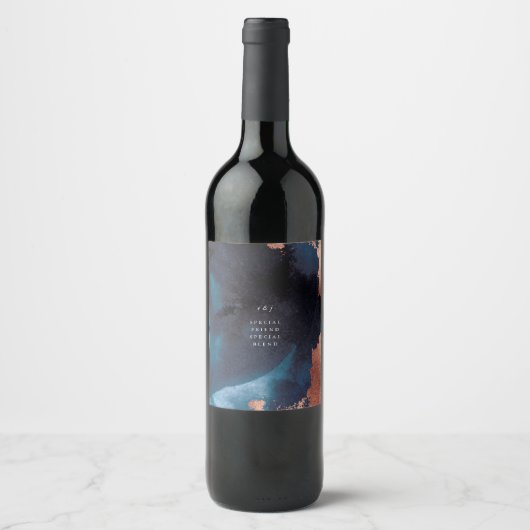 Waterverf Navy Blue Moody Roos Gold Wedding Wijn Etiket (Voorkant)