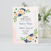 Waterverf Navy Blue Peach Coral Floral Wedding Save The Date (Staand voorkant)