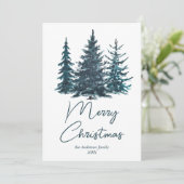 Waterverf Navy Blue Pine Trees Foto Kerst Feestdagenkaart (Staand voorkant)