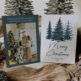 Waterverf Navy Blue Pine Trees Foto Kerst Feestdagenkaart