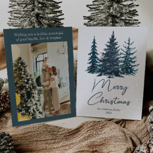Waterverf Navy Blue Pine Trees Foto Kerst Feestdagenkaart