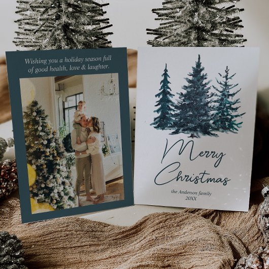 Waterverf Navy Blue Pine Trees Foto Kerst Feestdagenkaart