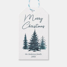 Waterverf Navy Blue Pine Trees Vrolijk Kerstfeest Cadeaulabel