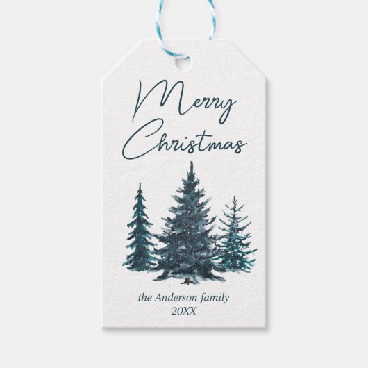 Waterverf Navy Blue Pine Trees Vrolijk Kerstfeest Cadeaulabel (Voorkant)