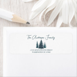 Waterverf Navy Blue Pine Trees Vrolijk Kerstfeest Etiket