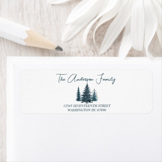 Waterverf Navy Blue Pine Trees Vrolijk Kerstfeest Etiket (Insitu)