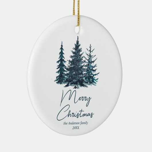 Waterverf Navy Blue Pine Trees Vrolijk Kerstfeest Keramisch Ornament (Rechts)