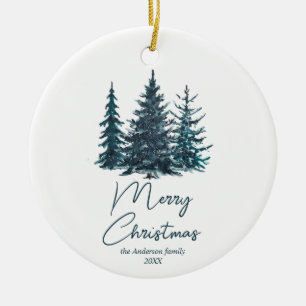 Waterverf Navy Blue Pine Trees Vrolijk Kerstfeest Keramisch Ornament