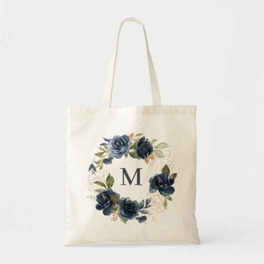 Waterverf Navy Blue Rozen Floral Wreatmonogram Tote Bag (Voorkant)