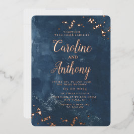 Waterverf Navy Blue Starry Roos Weddenschap Folie Uitnodiging