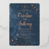 Waterverf Navy Blue Starry Roos Weddenschap Folie Uitnodiging (Voorkant)