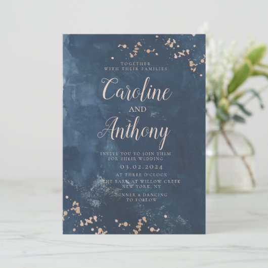 Waterverf Navy Blue Starry Roos Weddenschap Kaart (Staand voorkant)