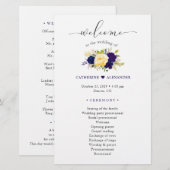 Waterverf Navy Blue Yellow Floral Wedding Programm (Voorkant / Achterkant)